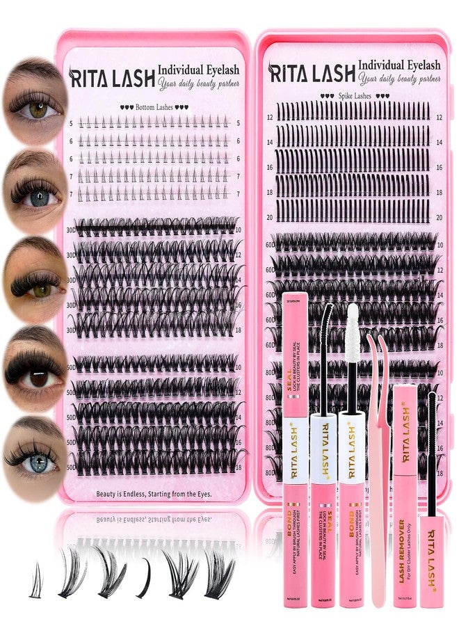 RITALASH Lash Extension Kit Cluster Lashes Kit+Bottom Lashes+Spikes Lash Clusters Eyelash Extensions with Lash Bond and Seal,Lash Remover,Lash Tweezers(30D 50D 60D 80D+Bottom Lashes+Spike Lash Kit) - Image 1